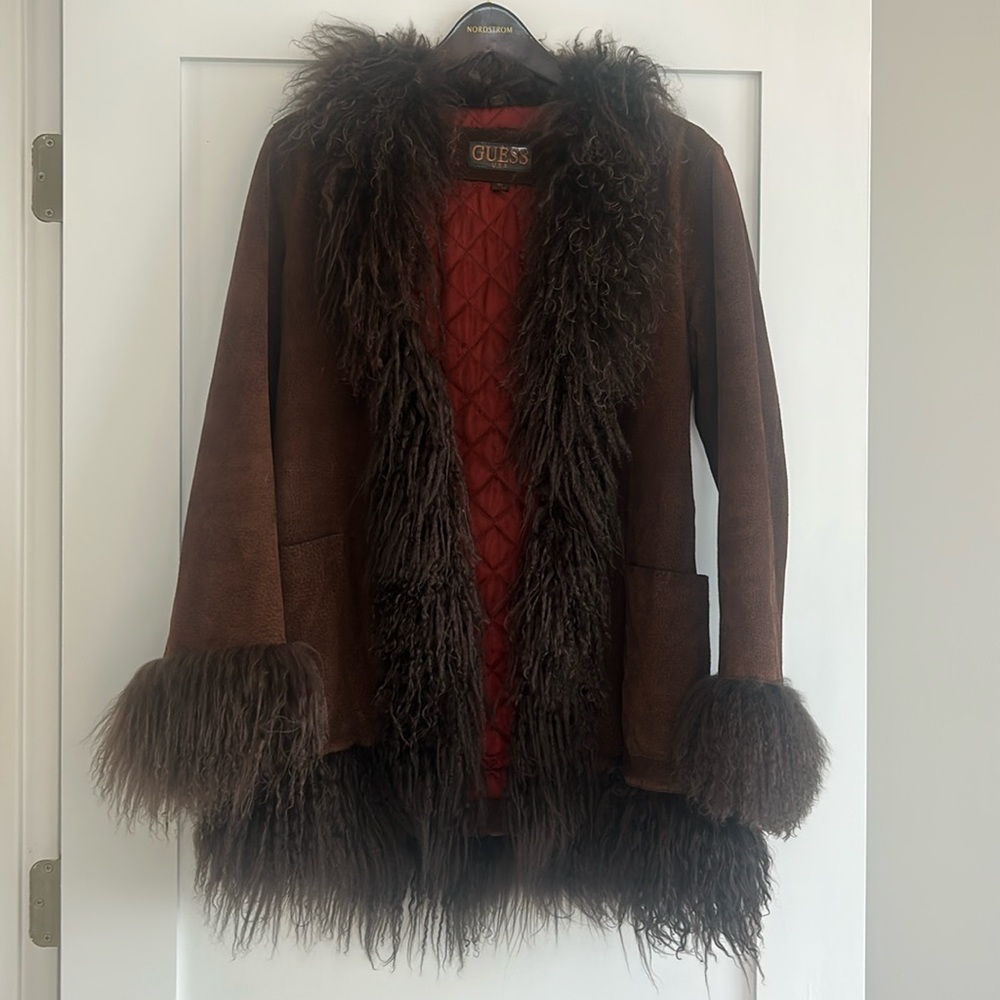 🌷Very cool Guess “Penny Lane” Vintage Leather  and Mongolian Sheep jacket!